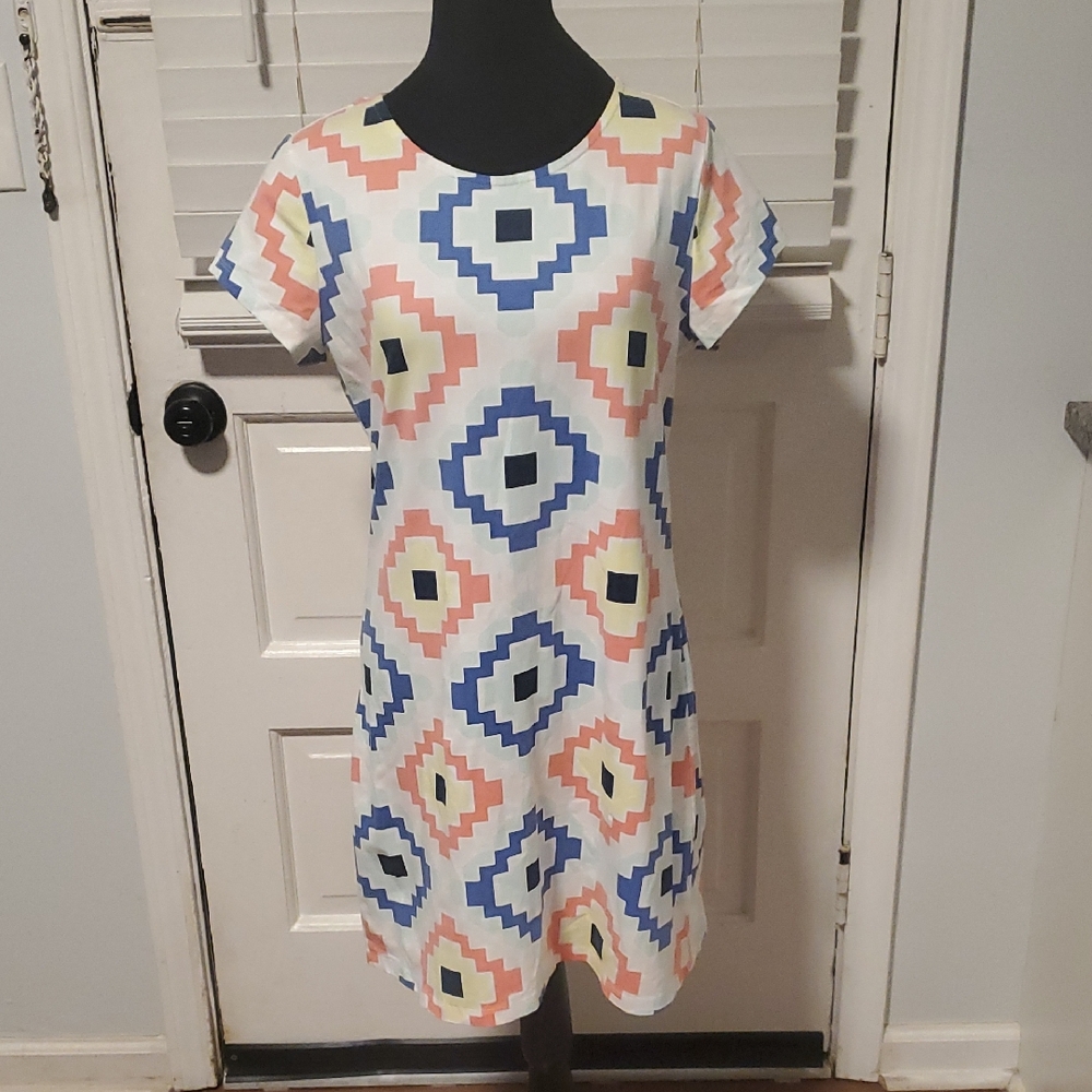 Hiho Geometric Pattern Shift Dress in Blue, Coral & Yellow - Women's